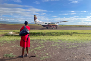 Person in red dress stands near small airplane on dirt runway under clear sky.